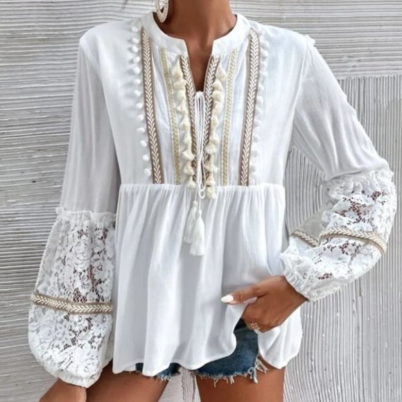 Boho Tassel & lace Detail Peplum Blouse - Picture 2 of 6